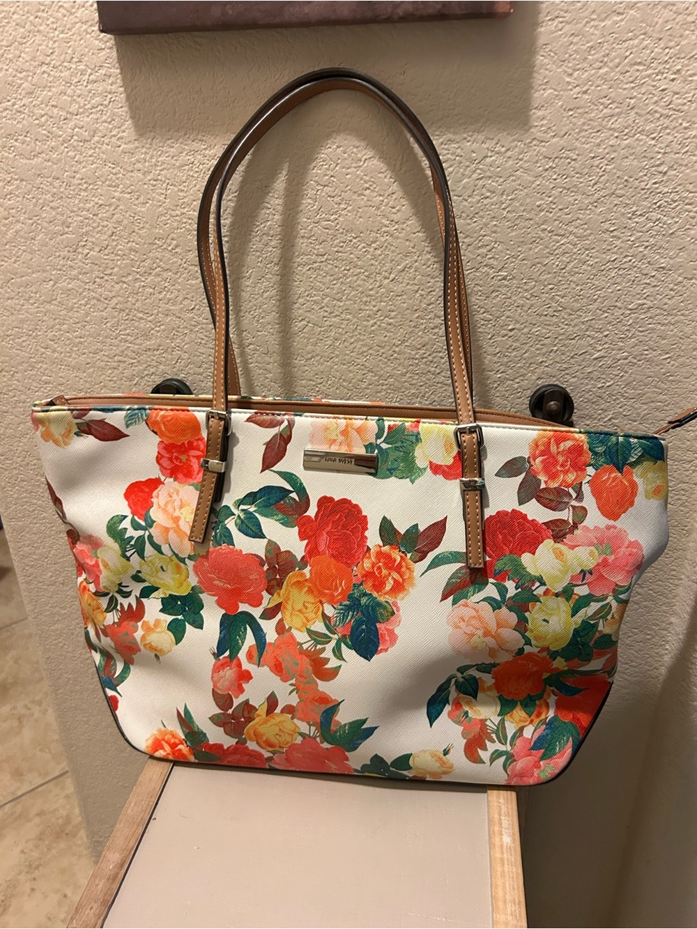 "Nine West White Saffiano Faux Leather Floral Tote Bag,  Rose Watercolor Print